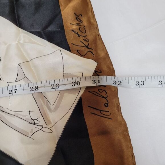 VINTAGE 90s Halston sketches 1997 silk hand rolled edges brown large scarf 32x32 - Picture 8 of 10